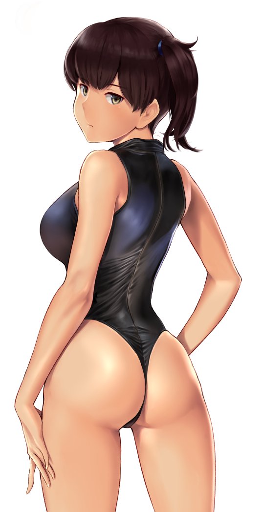 1girl, ass, back, bangs, bare_shoulders, black_swimsuit, breasts, brown_eyes