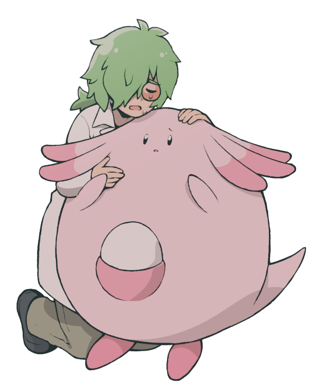 1boy, bangs, black_eyes, black_footwear, chansey, closed_eyes, egg, full_body