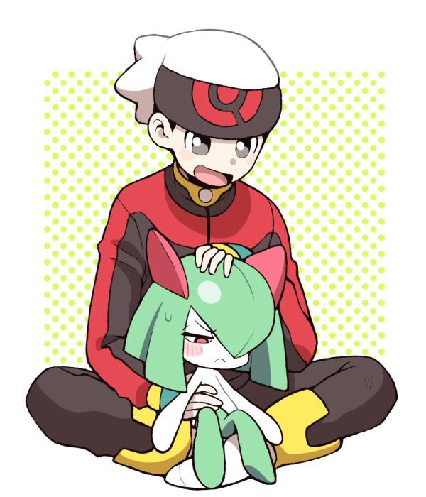 1boy, 1girl, annoyed, bangs, beanie, black_pants, blue_gloves, blush, blush_stickers, closed_mouth, embarrassed, fingerless_gloves, full_body, gen_3_pokemon, gloves, green_hair, green_skin, grey_eyes, hair_over_one_eye, half-closed_eyes, hand_on_another's_head, hand_up, happy, hat, indian_style, jacket, kirlia, long_sleeves, looking_at_another, minashirazu, open_mouth, pants, petting, poke_ball_symbol, poke_ball_theme, pokemon, pokemon_(creature), pokemon_(game), pokemon_rse, polka_dot, polka_dot_background, red_eyes, red_jacket, shiny, shiny_hair, short_hair, simple_background, sitting, sitting_on_lap, sitting_on_person, size_difference, smile, socks, sweat, two-tone_skin, white_headwear, white_legwear, white_skin, yuuki_(pokemon)