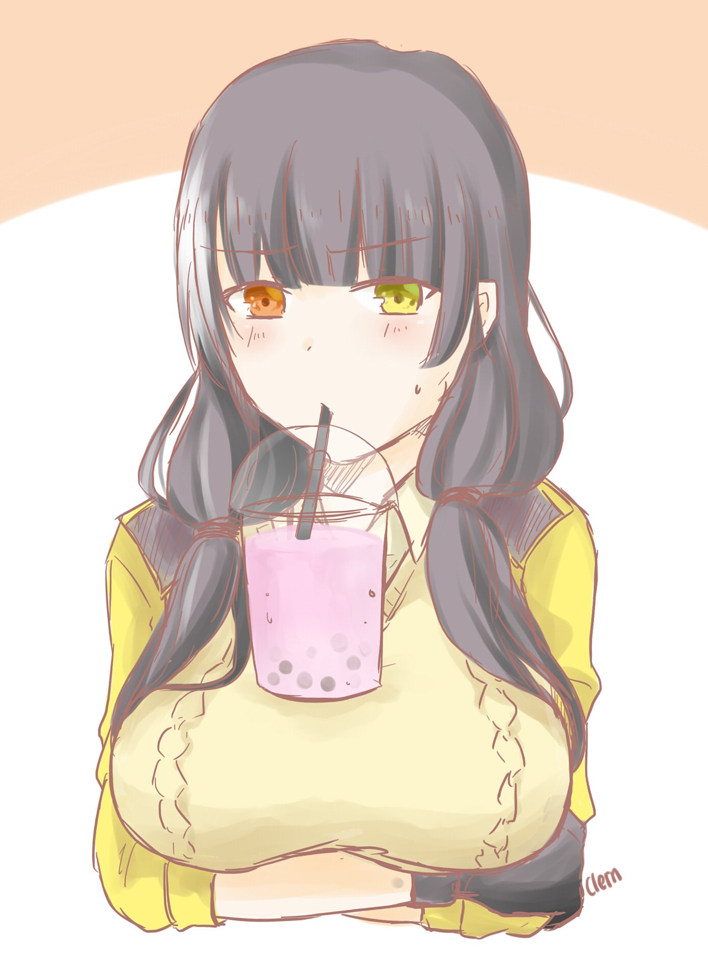 1girl, black_hair, breasts, brown_sweater, bubble_tea, bubble_tea_challenge, coat, collared_coat