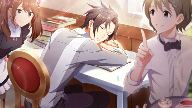brown_hair, closed_eyes, idolmaster_side-m_live_on_stage, short_hair, sleep, yukihiro_kamiya