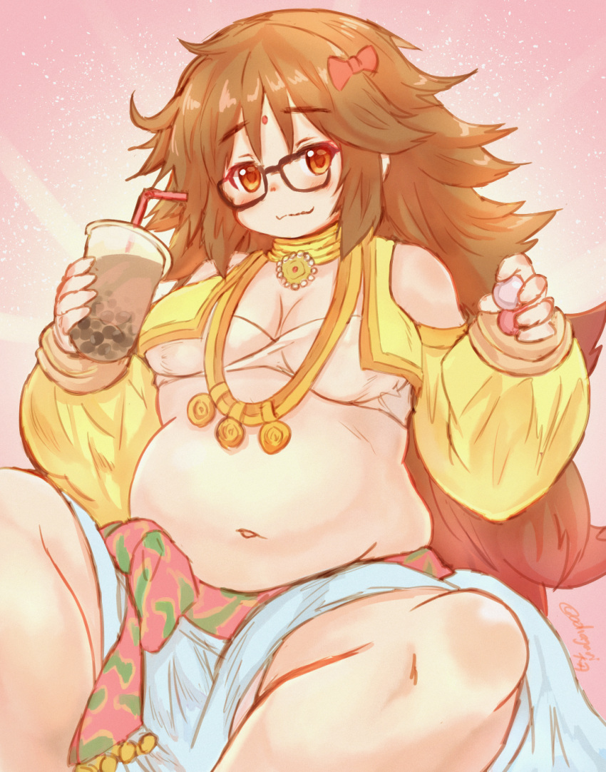 1girl, belly, big_belly, bow, brown_hair, bubble_tea, fat, fate/grand_order, fate_(series), ganesha_(fate), glasses, highres, jewelry, jinako_carigiri, midriff, necklace, ooba_jun, plump