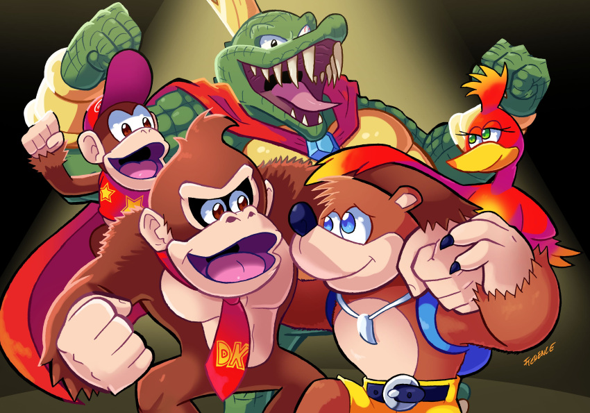 1girl, 4boys, absurdres, animal, ape, artist_request, backpack, bag, banjo-kazooie, banjo_(banjo-kazooie), banjo_to_kazooie_no_daibouken, bear, bird, blue_eyes, brown_hair, chris_sutherland, company_connection, crocodilian, crossover, crown, diddy_kong, donkey_kong, donkey_kong_(series), donkey_kong_64, donkey_kong_country, feathers, gorilla, green_eyes, hat, highres, kazooie_(banjo-kazooie), king_k._rool, looking_at_viewer, microsoft, monkey, multiple_boys, necktie, nintendo, no_humans, open_mouth, rareware, seiyuu_connection, sharp_teeth, shorts, simple_background, smile, super_smash_bros., super_smash_bros._ultimate, super_smash_bros_brawl, teeth, wings
