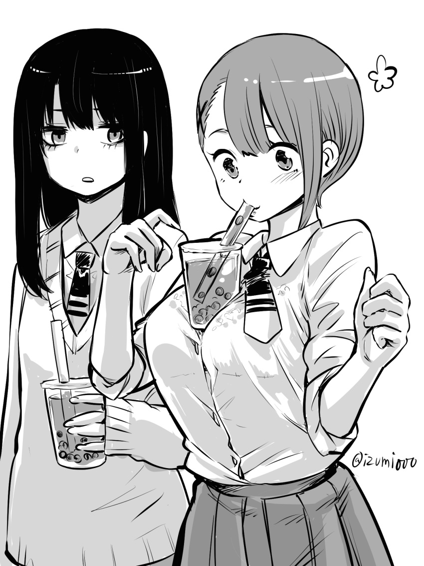 2girls, bangs, between_breasts, blush, bra, breasts, bubble_tea, bubble_tea_challenge