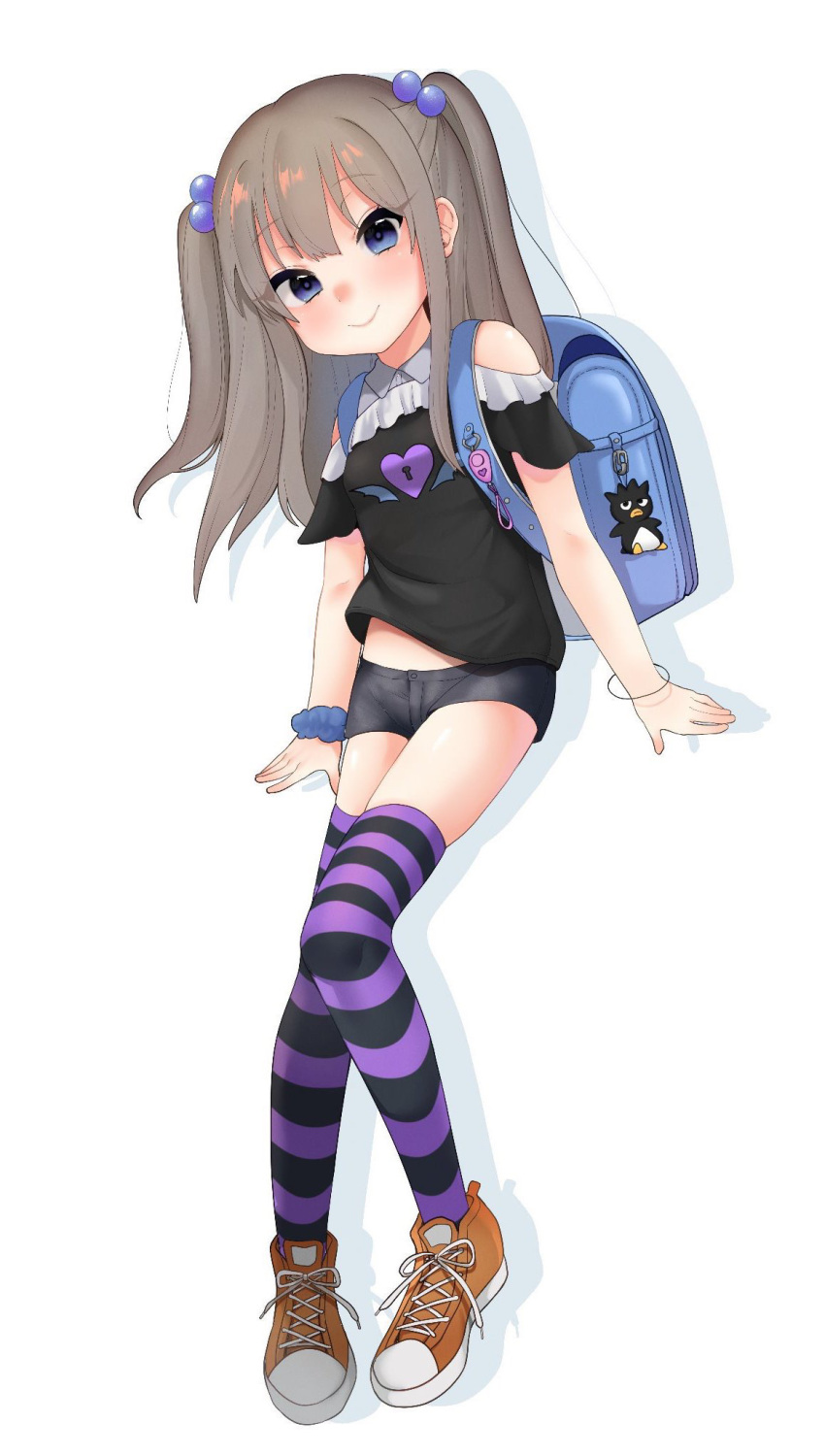 1girl, backpack, bag, black_shirt, black_shorts, blue_backpack, blue_eyes, brown_hair