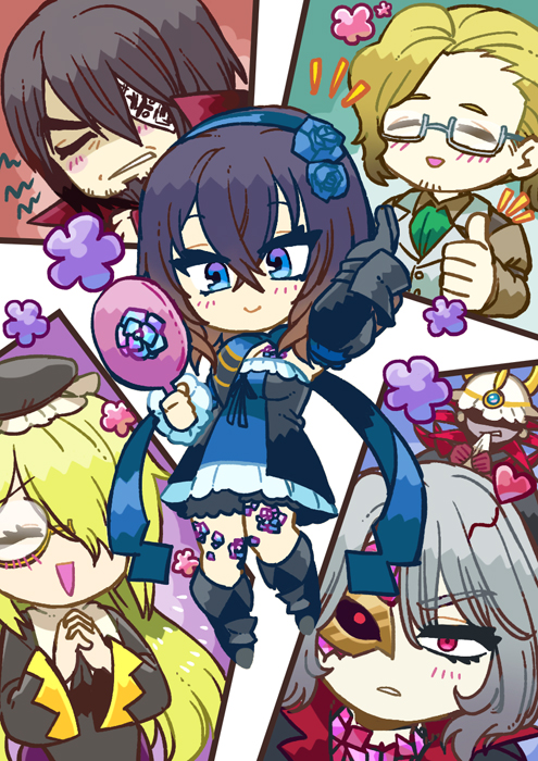 3girls, alfred_(bloodstained), anne_(bloodstained), artist_request, black_hair, bloodstained:_ritual_of_the_night, blue_eyes, breasts, brown_hair, candle, chibi, detached_sleeves, everyone, flower, flower_tattoo, gauntlets, glasses, gradient_hair, hair_between_eyes, hair_ornament, hair_over_one_eye, horns, johannes_(bloodstained), long_hair, looking_at_viewer, medium_breasts, miriam_(bloodstained), moon, multicolored_hair, multiple_boys, multiple_girls, short_hair, simple_background, smile, stained_glass, tattoo, zangetsu_(bloodstained)