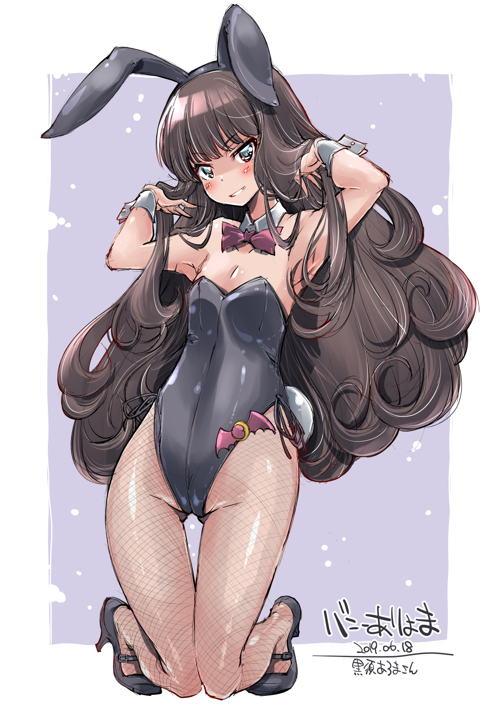 1girl, animal_ears, artist_name, black_footwear, black_leotard, blue_eyes, bow, bowtie, brown_hair, bunny_tail, bunnysuit, character_name, commentary_request, dated, detached_collar, fishnet_pantyhose, fishnets, flat_chest, full_body, grey_background, high_heels, highres, idol_time_pripara, kneeling, kurosu_aroma, leotard, long_hair, looking_at_viewer, pantyhose, purple_neckwear, rabbit_ears, solo, strapless, strapless_leotard, tail, two-tone_background, wrist_cuffs, yazawa_mana