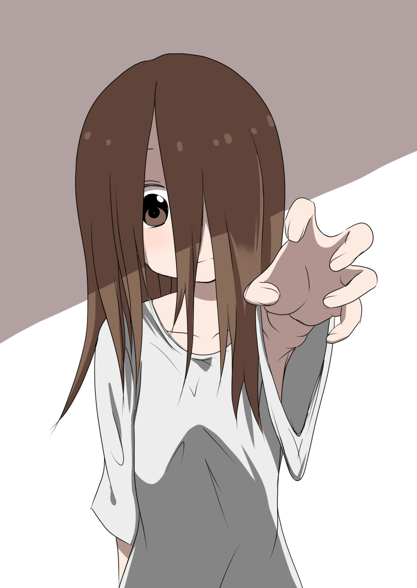 1girl, absurdres, aki_(yunkana), brown_eyes, brown_hair, cosplay, hair_over_face, hair_over_one_eye