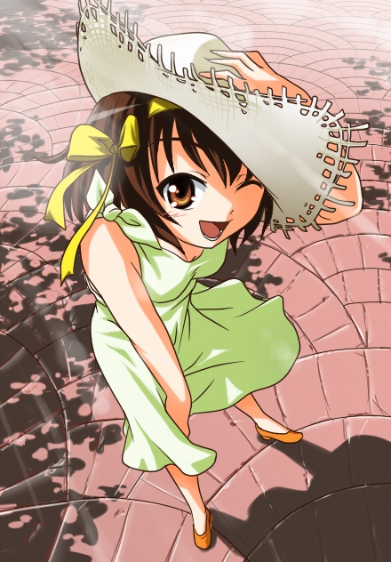 brown_hair, dress, hand_on_hat, hat, naosuke, open_mouth, shade, short_hair