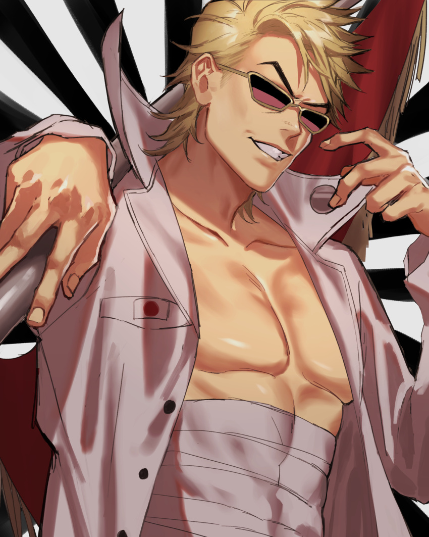 1boy, abs, blonde_hair, chest, coat, collar, fate/grand_order, fate_(series)