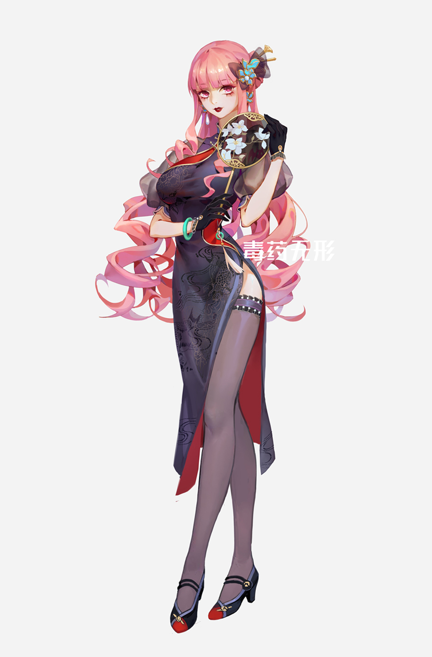 1girl, bangs, black_gloves, blunt_bangs, blush, bracelet, breasts, china_dress