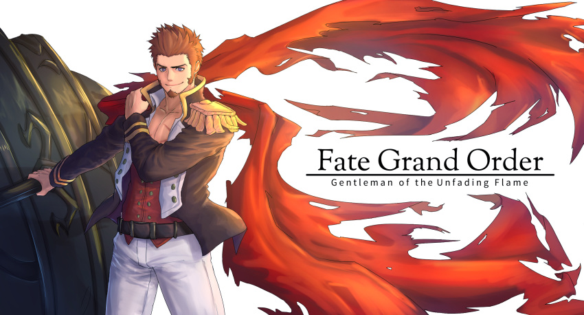 1boy, beard, blue_eyes, brown_hair, cape, chest, epaulettes, facial_hair