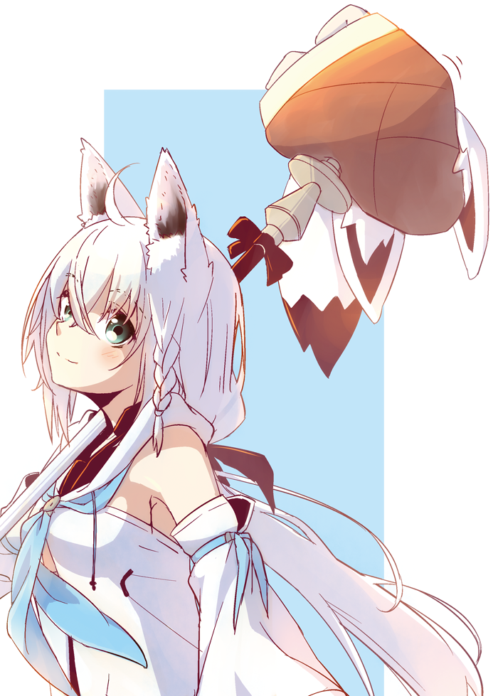 1girl, ahoge, animal_ears, bangs, blue_eyes, braid, crossed_bangs, detached_sleeves
