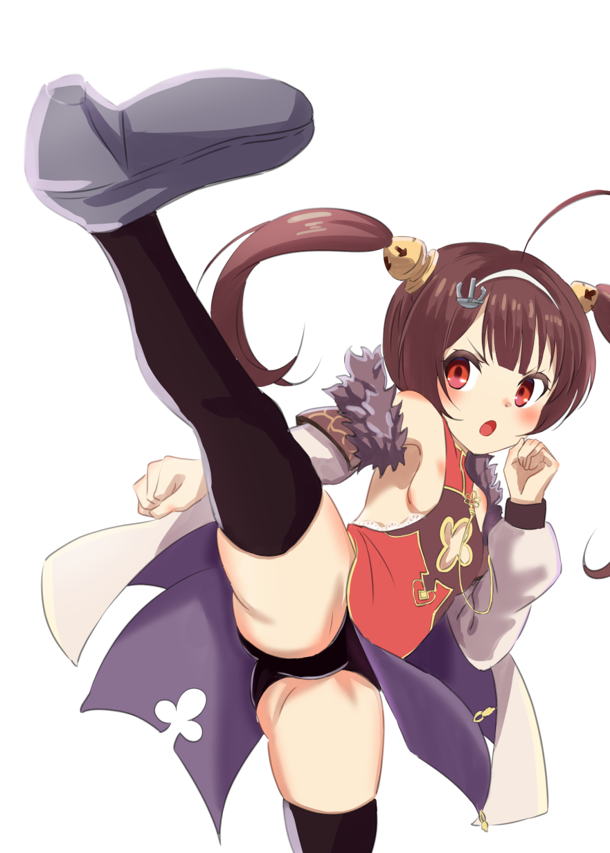 1girl, :o, ahoge, azur_lane, bangs, bare_shoulders, black_legwear, black_panties, blush, breasts, brown_hair, china_dress, chinese_clothes, dress, fur_collar, grey_footwear, hairband, high_kick, highres, kicking, leg_up, long_hair, long_sleeves, no_bra, open_mouth, panties, ping_hai_(azur_lane), porontyo_07, red_dress, red_eyes, remodel_(azur_lane), sideboob, simple_background, small_breasts, solo, thigh-highs, twintails, underwear, v-shaped_eyebrows, white_background, white_hairband