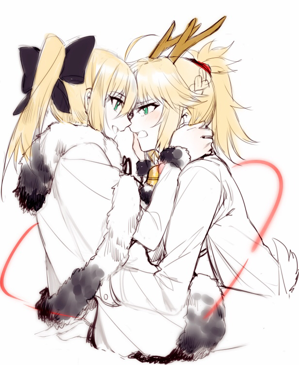 2girls, antlers, artoria_pendragon_(all), black_bow, blonde_hair, blush, bow, face-to-face