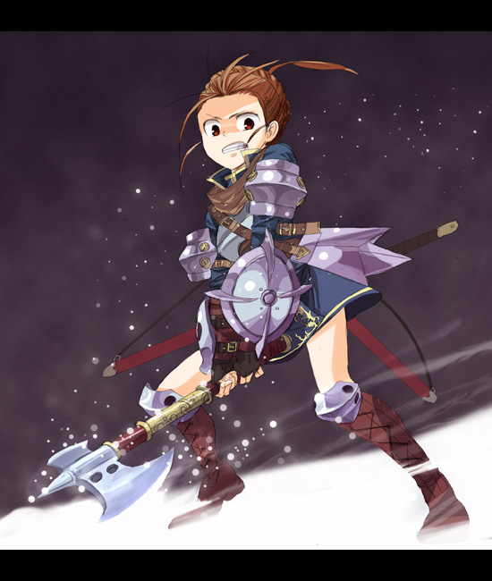 armor, armored_dress, artist_request, axe, brown_hair, landsknecht_(etrian), letterboxed, purple_background, sekaiju_no_meikyuu, shield, sword, swordsman_(sekaiju), weapon