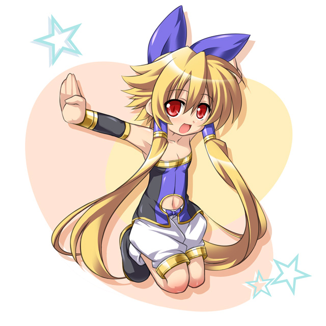blonde_hair, kaneno_akia, katami_shinta, long_hair, meryl_star, navel_cutout, open_mouth, outstretched_arms