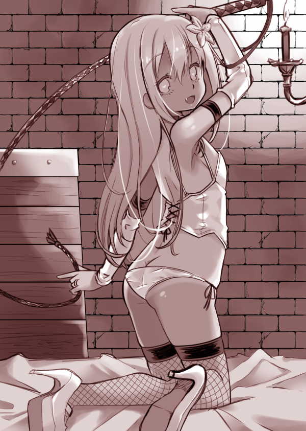 1girl, alternate_costume, arm_up, armpits, ass, back, bangs, bare_shoulders, bdsm, blush, breasts, brick_wall, candle, commentary_request, corset, eyebrows_visible_through_hair, fang, fishnet_legwear, fishnets, from_behind, full_body, gin_(shioyude), greyscale, hair_between_eyes, heart, heart-shaped_pupils, high_heels, holding, jewelry, kantai_collection, kneeling, long_hair, looking_at_viewer, monochrome, open_mouth, panties, ring, ro-500_(kantai_collection), side-tie_panties, smile, solo, symbol-shaped_pupils, underwear, whip, wooden_horse