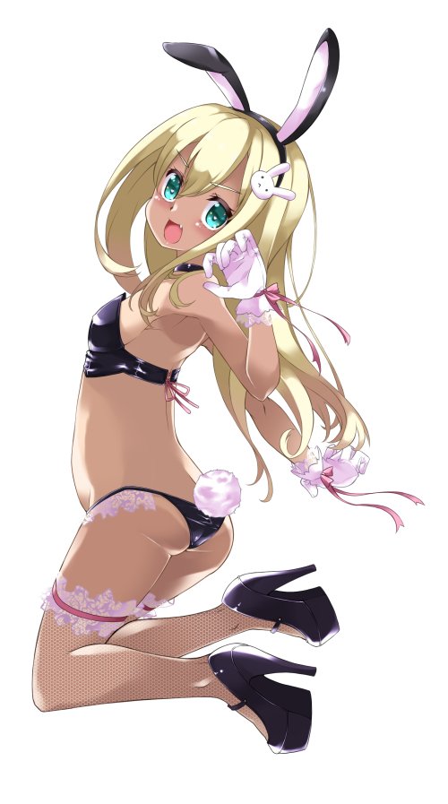 1girl, animal_ears, arm_up, ass, back, badge, bangs, black_bra