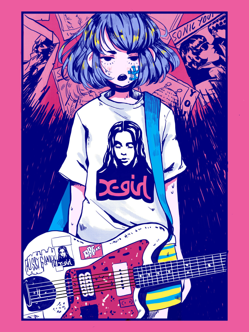 1girl, absurdres, bangs, border, cowboy_shot, crisalys, dr_pepper, guitar