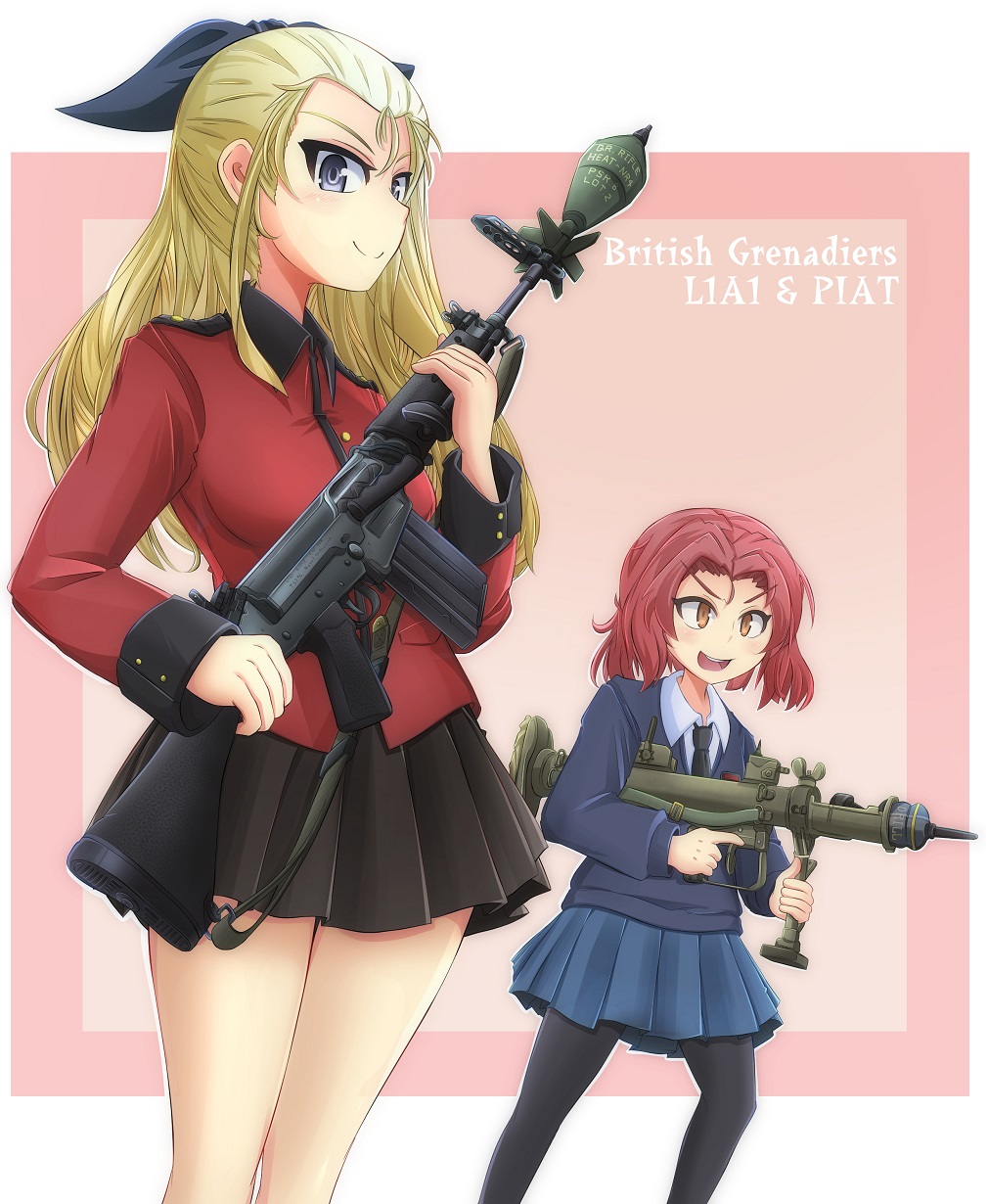 2girls, assam, black_legwear, black_neckwear, black_ribbon, black_skirt, blonde_hair, blue_eyes