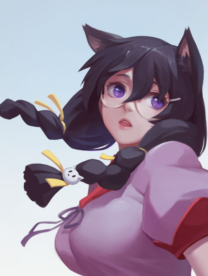 1girl, animal_ears, bei_ju_luoxuan_wan, black_hair, braid, breasts, cat_ears, commentary_request, glasses, hair_ornament, hairclip, hanekawa_tsubasa, large_breasts, long_hair, monogatari_(series), open_mouth, school_uniform, solo, twin_braids, violet_eyes
