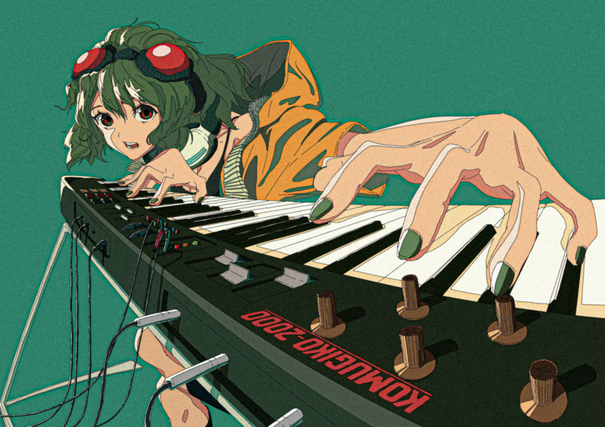 1girl, absurdres, black_legwear, feet_out_of_frame, goggles, goggles_on_head, green_background, green_hair, green_nails, gumi, headphones, headphones_around_neck, highres, hood, hooded_jacket, instrument, jacket, keyboard_(instrument), komugiko_2000, looking_at_viewer, open_mouth, red_eyes, short_hair, simple_background, socks, solo, vocaloid, wire, yellow_jacket
