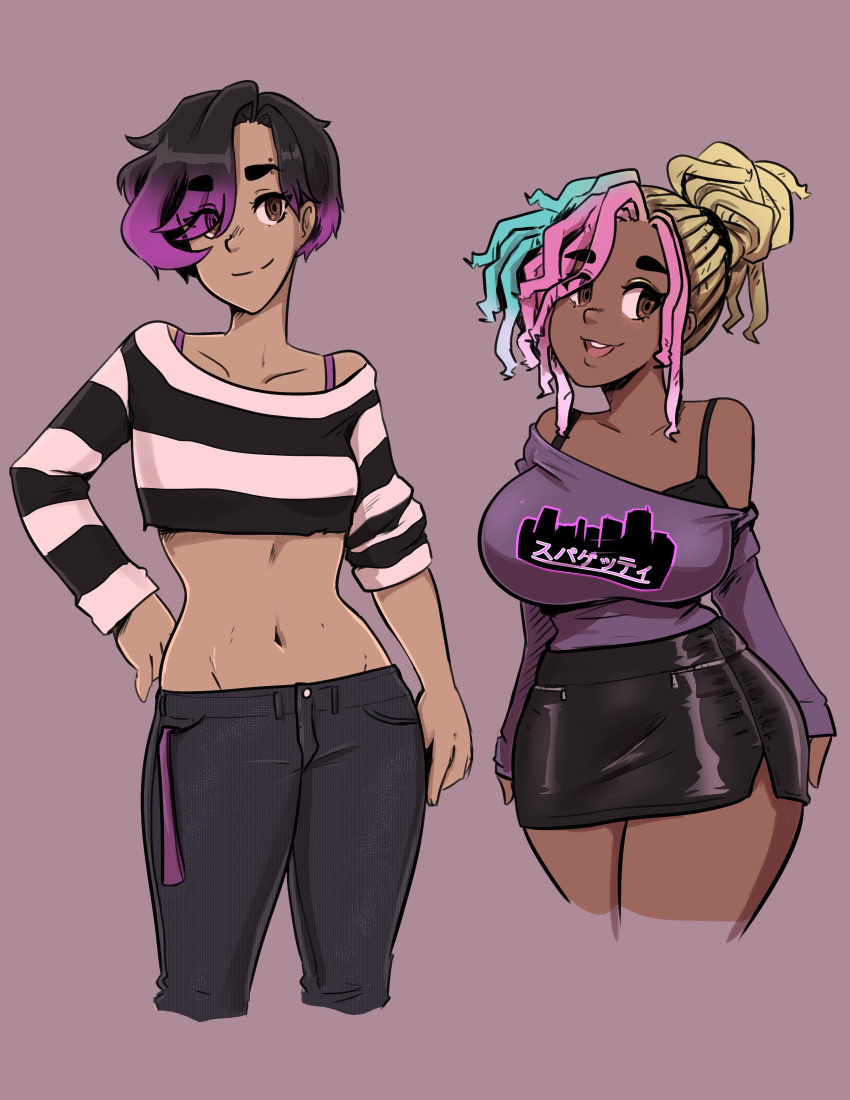 2girls, absurdres, aqua_hair, black_hair, black_pants, black_skirt, blonde_hair, bra_strap