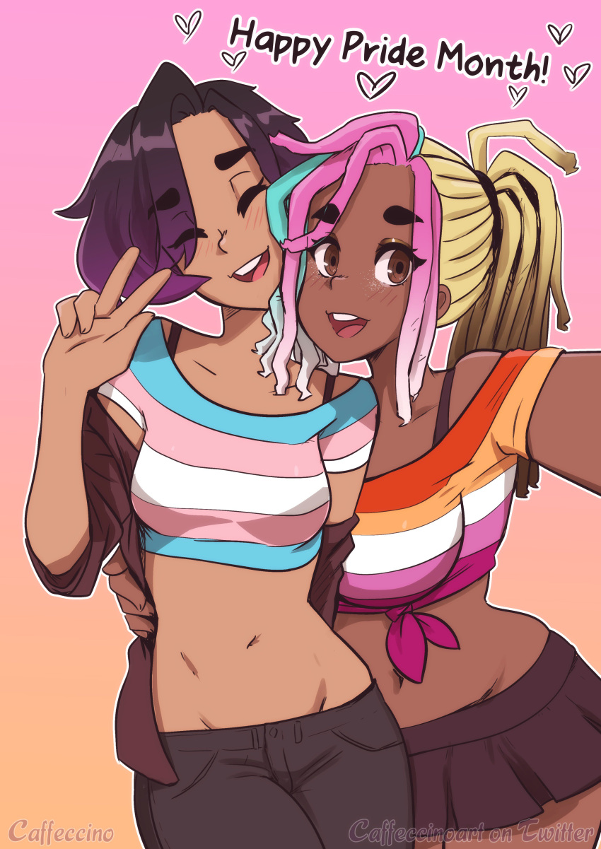 2girls, absurdres, aqua_hair, artist_name, black_hair, black_pants, black_skirt, blonde_hair, blush, bra_strap, breasts, brown_eyes, caffeccino, closed_eyes, crop_top, dark_skin, english_text, eyebrows_visible_through_hair, eyes_visible_through_hair, gradient, gradient_background, gradient_hair, heart, highres, large_breasts, lesbian_flag, lgbt_pride, looking_at_viewer, medium_breasts, midriff, multicolored_hair, multiple_girls, navel, off_shoulder, open_mouth, orange_background, original, outline, pants, pink_background, pink_hair, purple_hair, self_shot, shirt, short_sleeves, skirt, smile, tied_shirt, transgender_flag, w, white_outline, yuri
