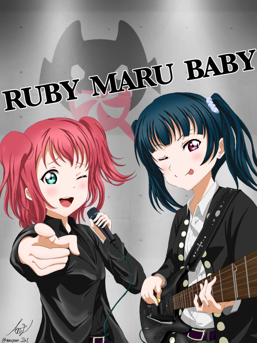be_my_baby_(complex), blue_hair, complex_(band), emblem, english_text, guitar, highres, instrument, kurosawa_ruby, love_live!, love_live!_sunshine!!, microphone, one_eye_closed, parody, redhead, side_bun, tsushima_yoshiko, twintails, werpen