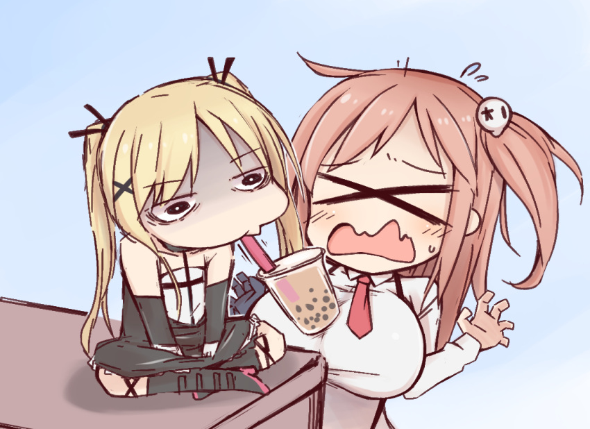 bare_shoulders, blonde_hair, blush, breasts, bubble_tea, bubble_tea_challenge, cup, dead_or_alive