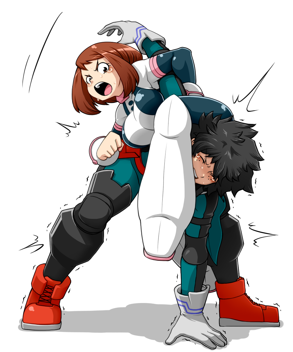 1boy, 1girl, angry, black_hair, blush_stickers, bodysuit, boku_no_hero_academia, boots, breasts, brown_eyes, brown_hair, clenched_teeth, commentary_request, freckles, gloves, grey_gloves, high_heel_boots, high_heels, highres, large_breasts, midoriya_izuku, open_mouth, red_footwear, sakasa_gurasan, shiny, shiny_hair, short_hair, sidelocks, submission_hold, tears, teeth, uraraka_ochako, wrestling