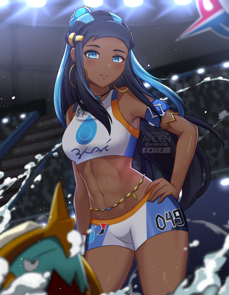 1girl, abs, ardenlolo, armband, artist_name, bare_shoulders, black_hair, blue_eyes
