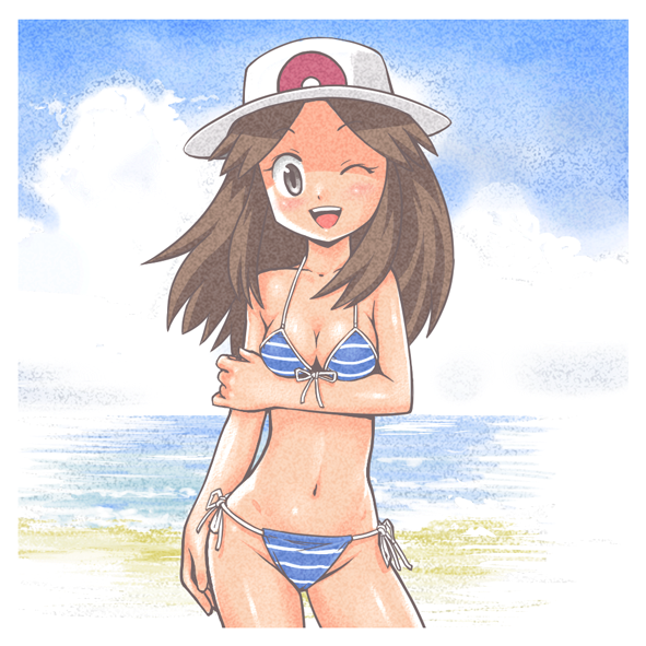 1girl, beach, bikini, blue_(pokemon), brown_hair, cloud, clouds, cowboy_shot