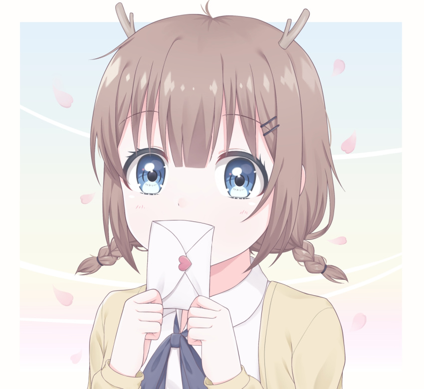1girl, antlers, bangs, blue_eyes, braid, brown_hair, covering_mouth, highres