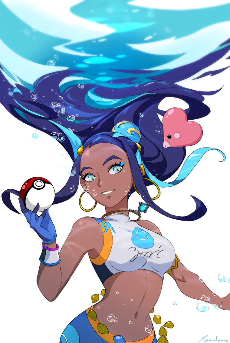 1girl, aqua_eyes, aqua_hair, black_hair, blue_gloves, bracelet, breasts, commentary
