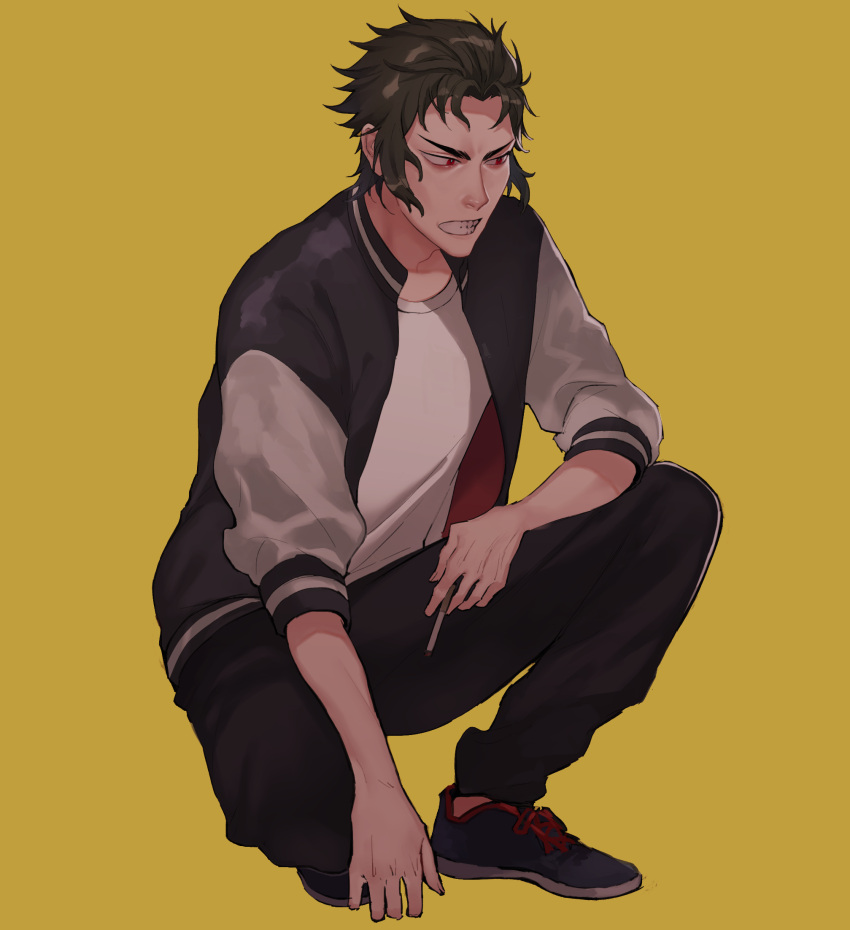 1boy, black_footwear, black_hair, black_pants, character_request, cigarette, clenched_teeth, fate/grand_order