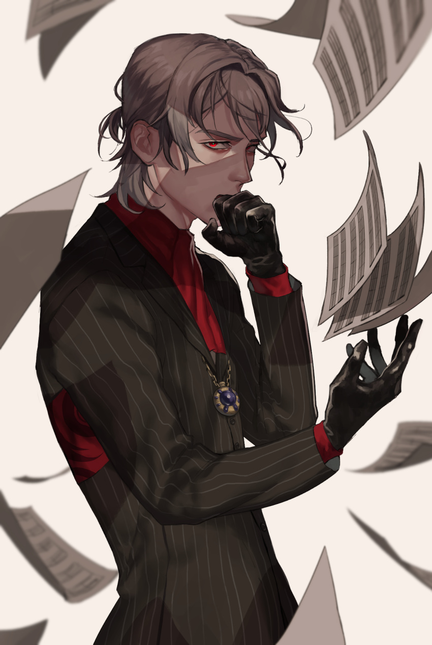 1boy, antonio_salieri_(fate/grand_order), black_gloves, black_suit, fate/grand_order, fate_(series), formal, gloves, hair_between_eyes, hand_up, highres, jewelry, long_hair, looking_at_viewer, male_focus, necklace, pinstripe_suit, red_eyes, red_neckwear, samuraisamurai, sheet_music, silver_hair, simple_background, smile, solo, striped, suit, upper_body