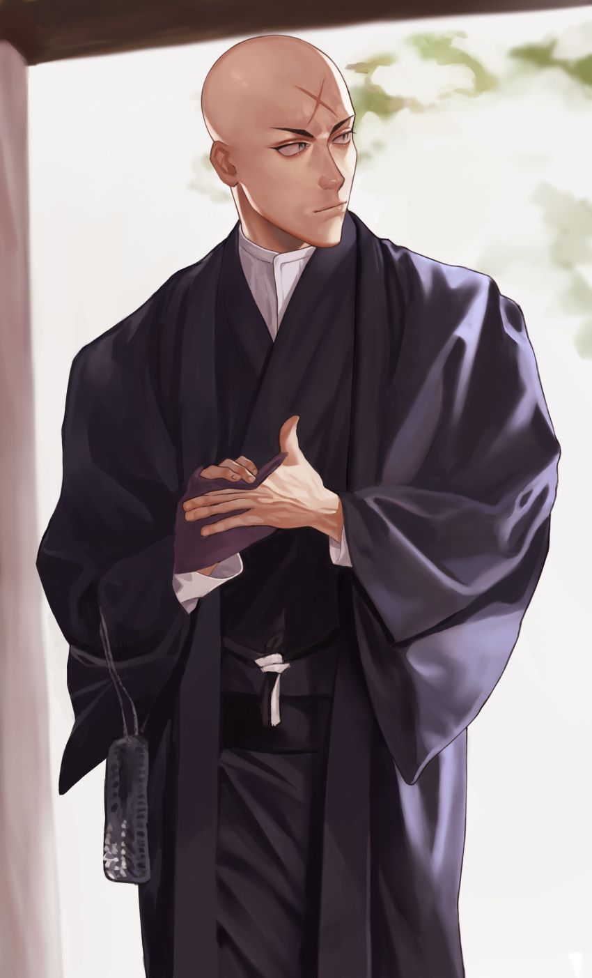 1boy, absurdres, bald, black_robes, blurry, blurry_background, fate/grand_order, fate_(series)