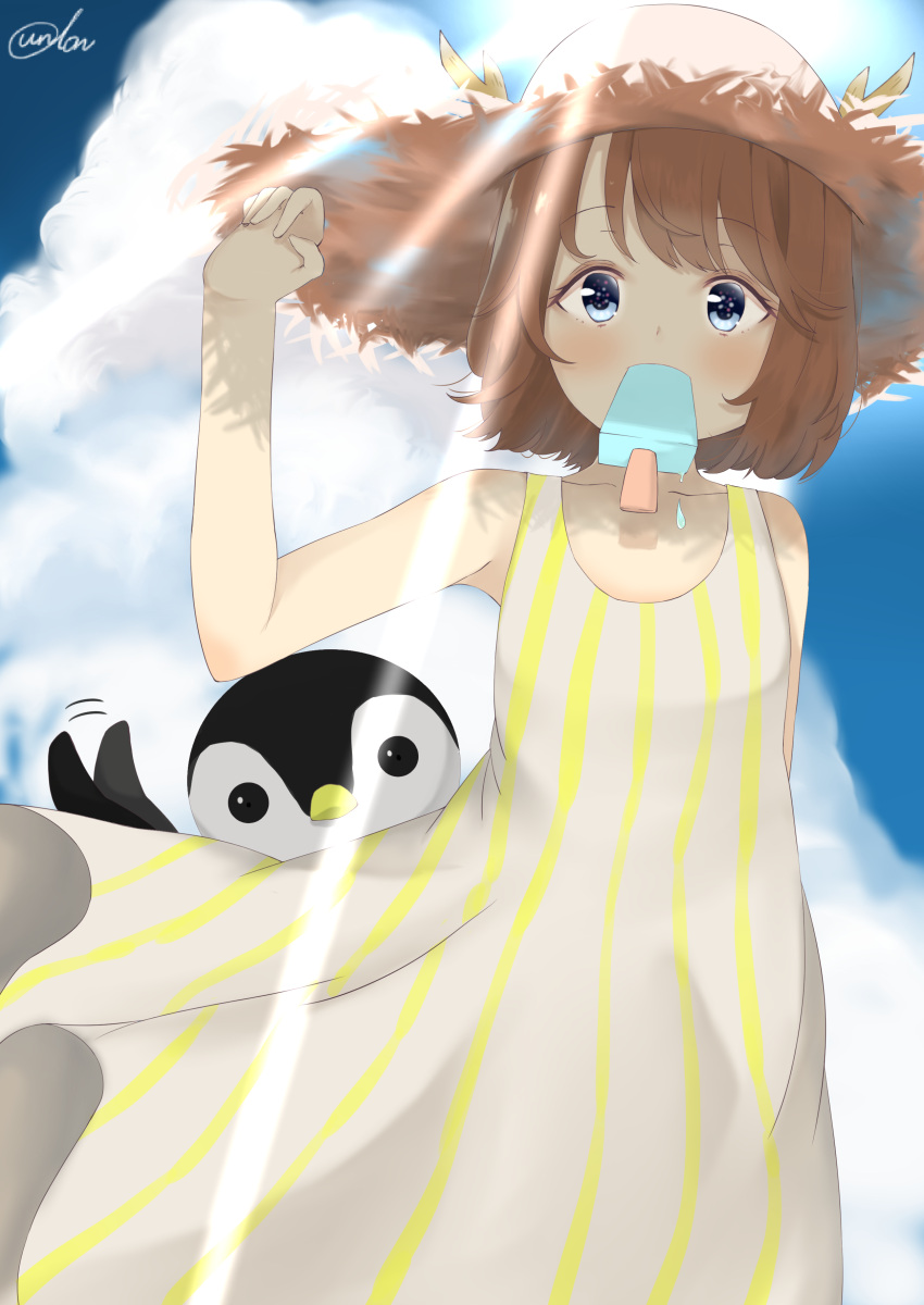 1girl, absurdres, antlers, bangs, bare_shoulders, bird, blue_eyes, blush