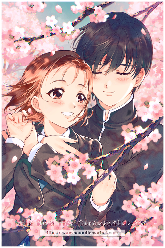 1boy, 1girl, arima_souichirou, black_hair, blush, brown_hair, cherry_blossoms, closed_eyes