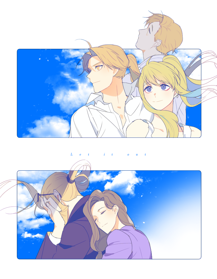 2girls, 3boys, ahoge, alphonse_elric, backlighting, bangs, bare_shoulders, black_jacket, blonde_hair, blue_eyes, blue_sky, brothers, brown_hair, closed_eyes, clouds, cloudy_sky, commentary_request, couple, day, dress_shirt, earrings, edward_elric, english_text, expressionless, eyebrows_visible_through_hair, eyewear_removed, father_and_son, floating_hair, fullmetal_alchemist, glasses, hands_on_own_face, happy, hetero, hug, hug_from_behind, in_ventus, jacket, jewelry, long_sleeves, looking_away, looking_up, mother_and_son, multiple_boys, multiple_girls, ponytail, profile, purple_shirt, sad, shirt, siblings, side_ponytail, sky, smile, text_focus, transparent_background, trisha_elric, upper_body, van_hohenheim, white_shirt, winry_rockbell, yellow_eyes