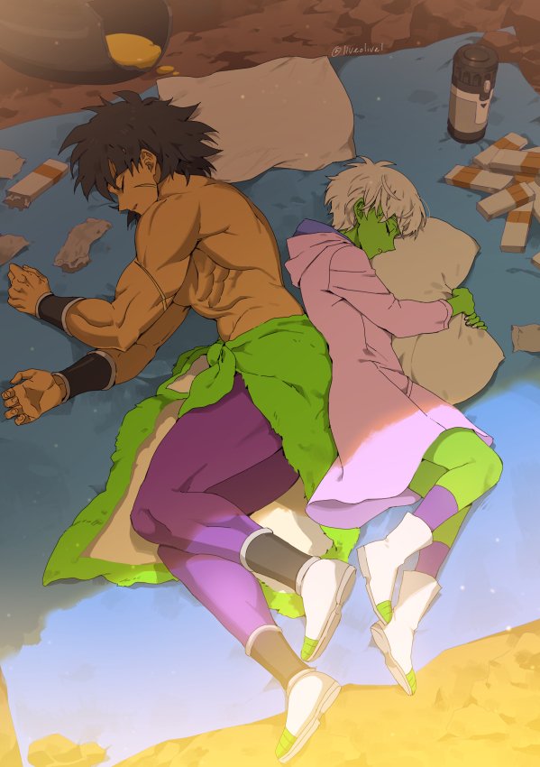 1boy, 1girl, abs, back-to-back, bare_legs, black_hair, blanket, boots