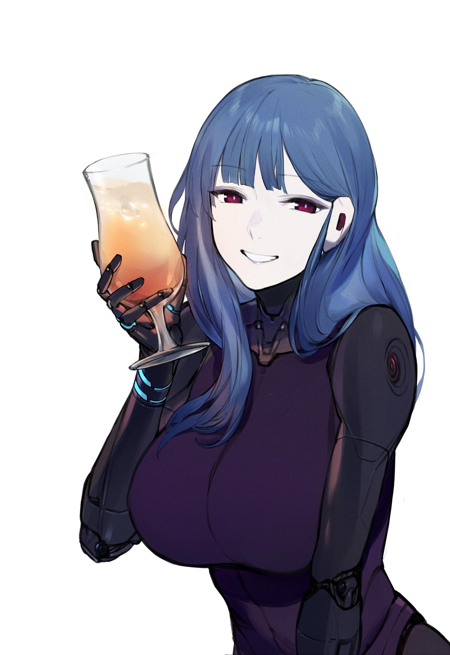 1girl, bangs, blue_hair, breasts, cup, drinking_glass, duoyuanjun, eyebrows_visible_through_hair