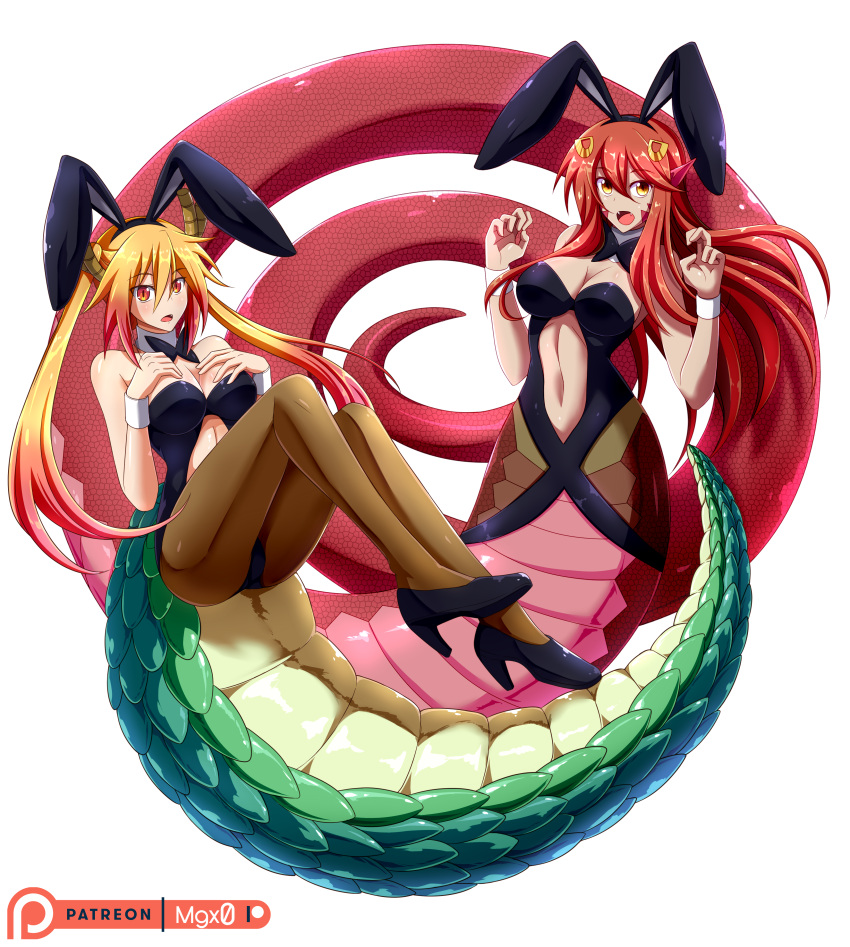 2girls, :o, absurdres, alternate_costume, artist_name, black_leotard, blonde_hair, bow
