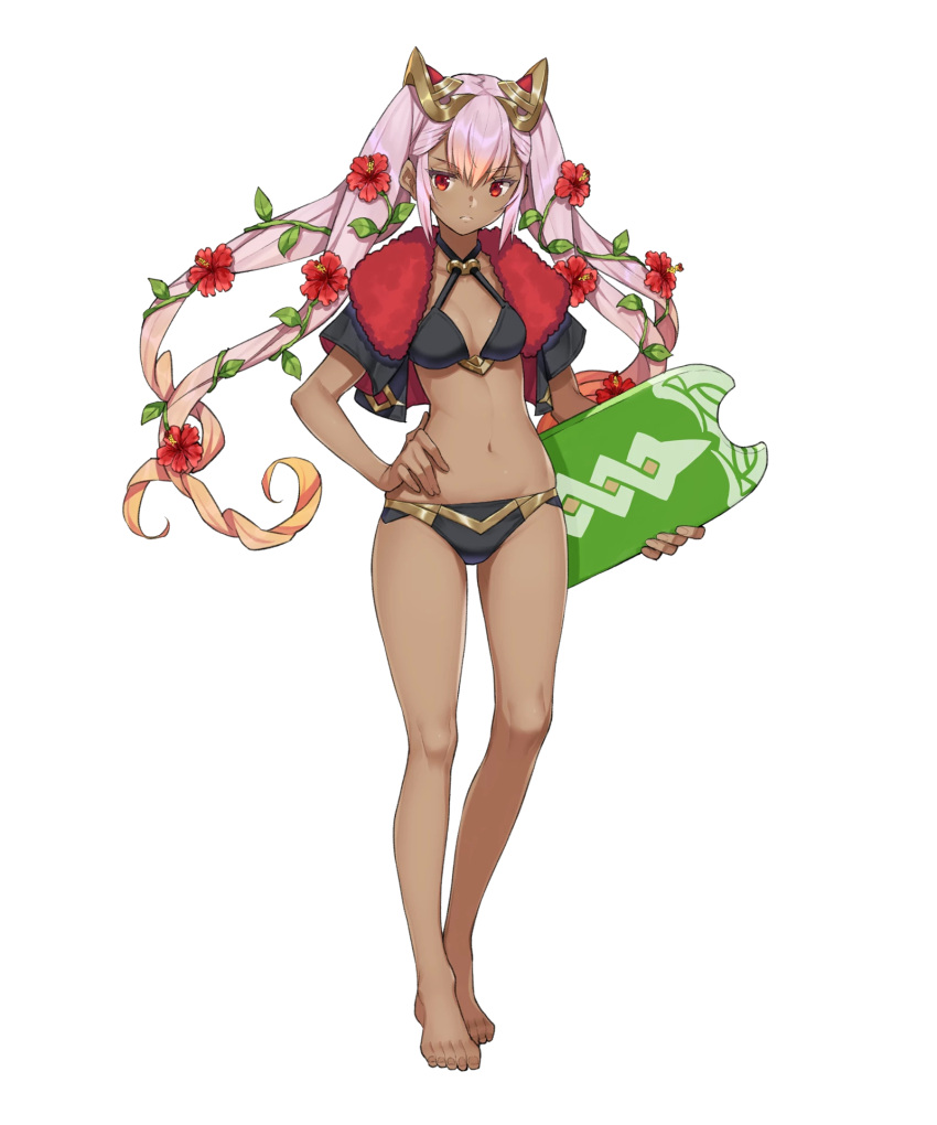 1girl, bangs, bare_legs, barefoot, bikini, black_bikini, dark_skin, fire_emblem
