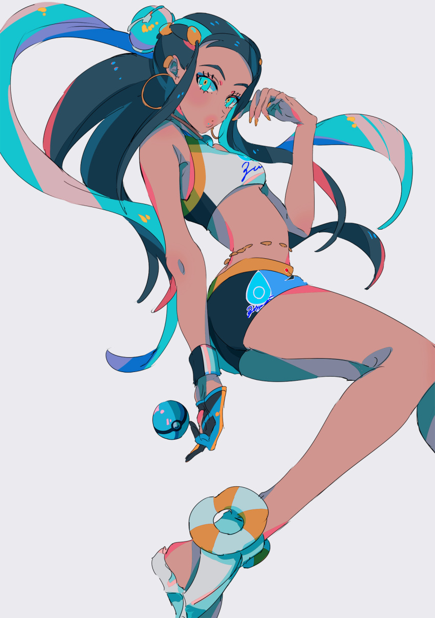 1girl, armlet, black_hair, blue_eyes, blue_hair, breasts, commentary_request, dark_skin