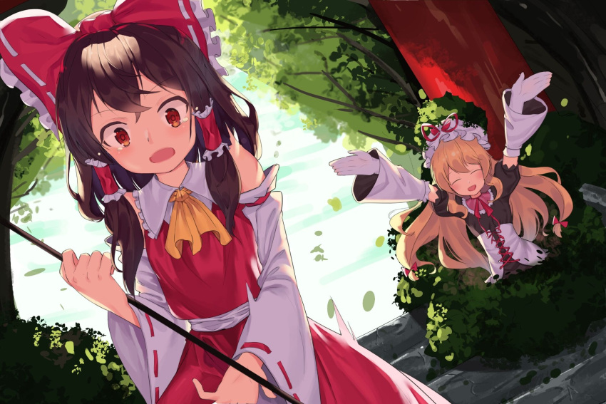2girls, aiza-ku, alternate_eye_color, arm_ribbon, arms_up, ascot, backlighting, bangs, behind_another, blonde_hair, blush, bow, brown_hair, bush, choker, clouds, corset, curiosities_of_lotus_asia, dappled_sunlight, day, detached_sleeves, dress, dutch_angle, flat_chest, forest, frilled_bow, frilled_hair_tubes, frilled_shirt_collar, frills, gloves, hair_between_eyes, hair_bow, hair_tubes, hakurei_reimu, hat, hat_ribbon, highres, long_hair, mob_cap, multiple_girls, nature, open_mouth, orange_eyes, orange_pupils, outdoors, outstretched_arms, purple_dress, red_ribbon, red_shirt, red_skirt, reflective_eyes, ribbon, ribbon-trimmed_sleeves, ribbon_choker, ribbon_trim, shiny, shiny_hair, shirt, short_sleeves, skirt, stairs, sunlight, surprised, touhou, tree, tree_shade, upper_body, very_long_hair, white_corset, white_gloves, white_headwear, white_sleeves, yakumo_yukari, yellow_neckwear
