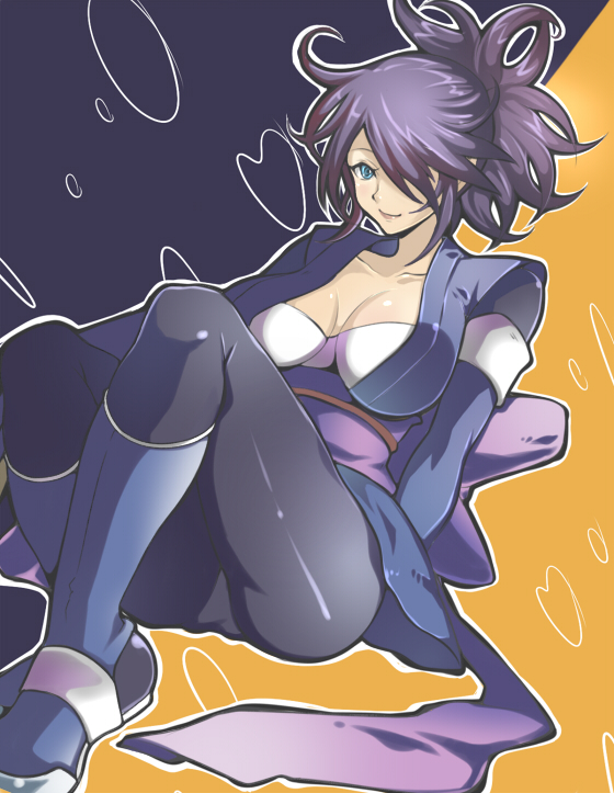 akishima_kei, bad_id, blue_eyes, breasts, hair_over_one_eye, large_breasts, leggings, mayotome
