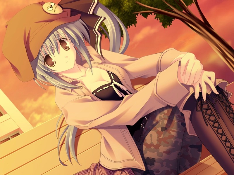 breasts, brown_eyes, cleavage, game_cg, hat, kannazuki_nemu, otaku_masshigura, outdoors